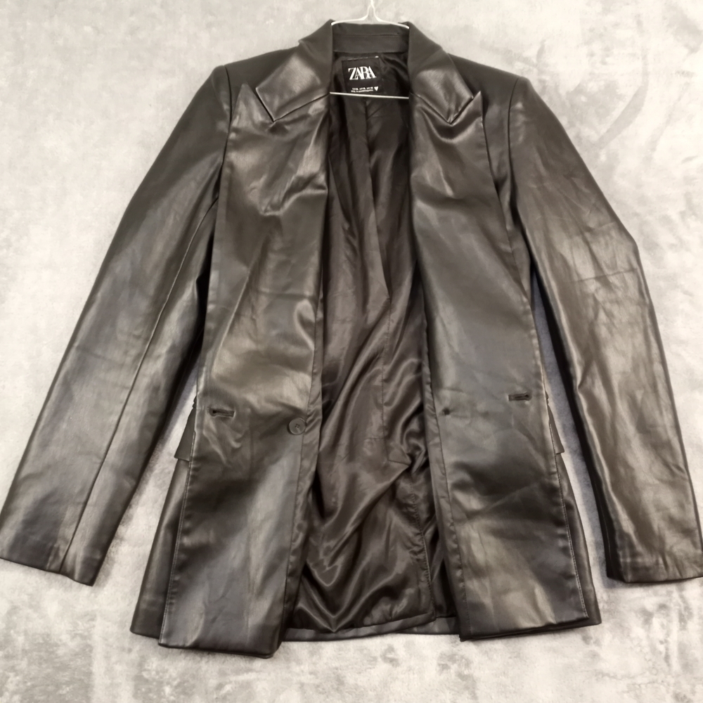 Zara Women's Black Faux Leather Blazer Jacket Size Medium - Picture 6 of 16
